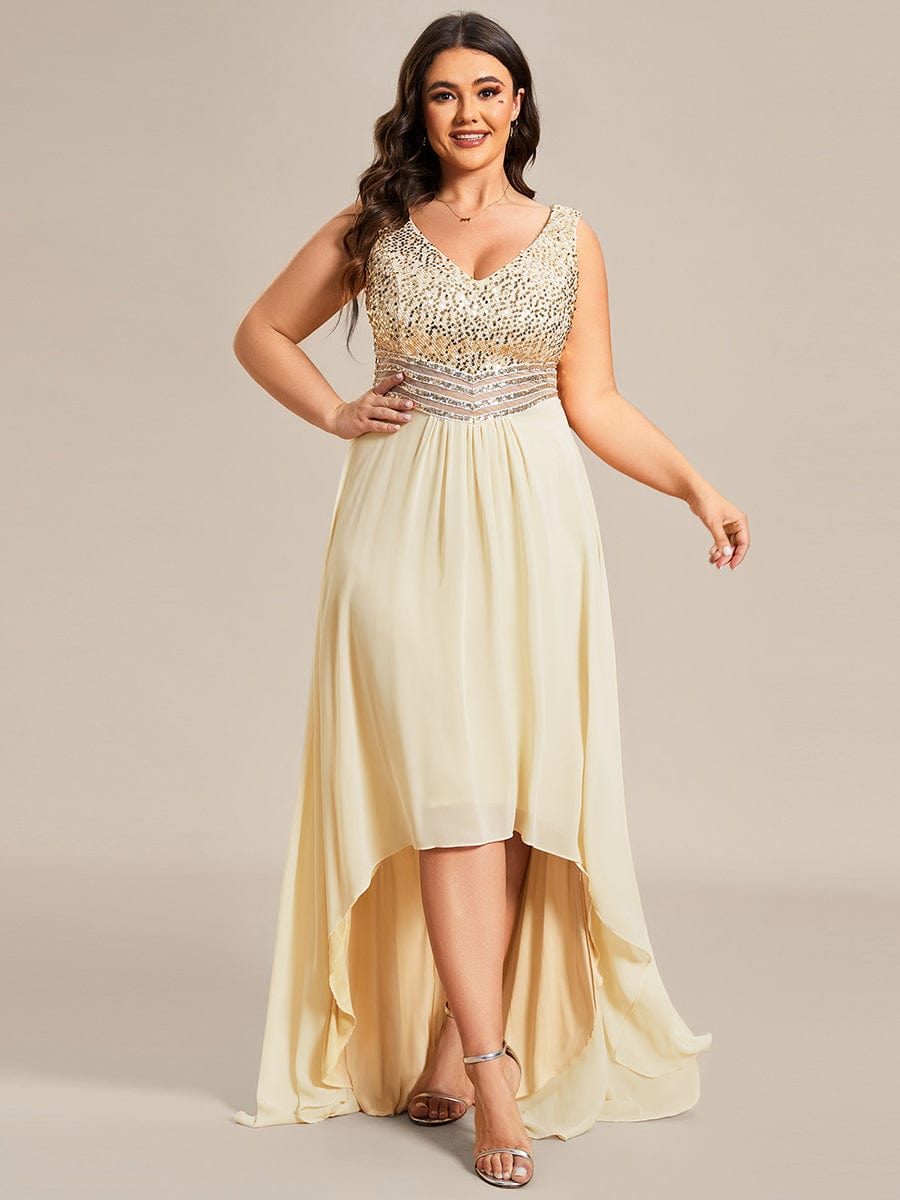 Elegant Paillette & Chiffon V-neck A-line Sleeveless Plus Size Evening Dresses