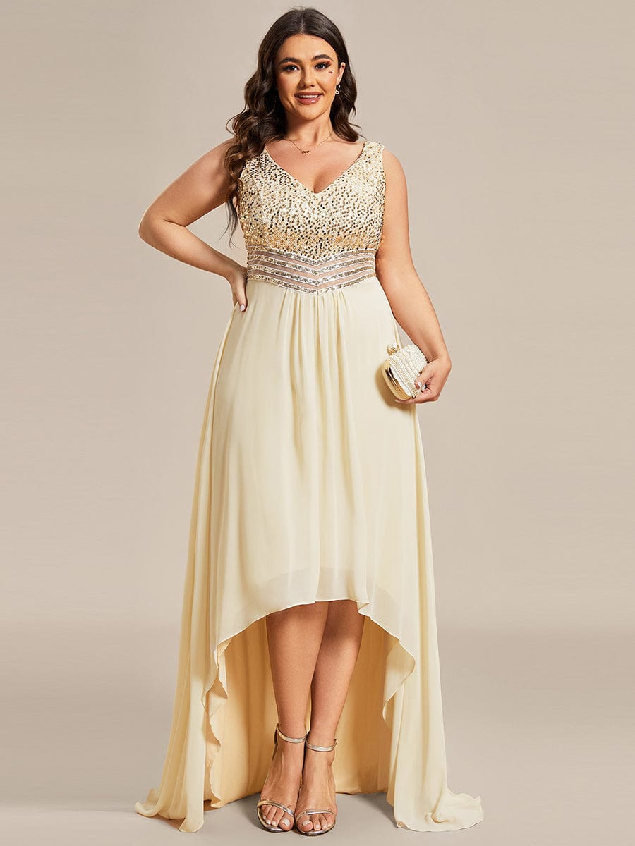 Elegant Paillette & Chiffon V-neck A-line Sleeveless Plus Size Evening Dresses