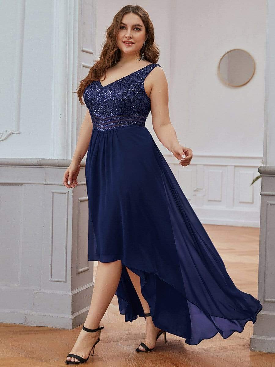 Elegant Paillette & Chiffon V-neck A-line Sleeveless Plus Size Evening Dresses