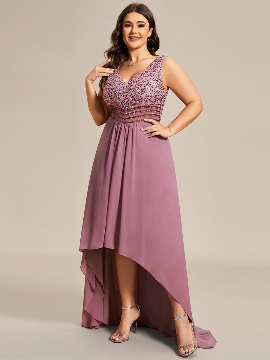 Elegant Paillette & Chiffon V-neck A-line Sleeveless Plus Size Evening Dresses