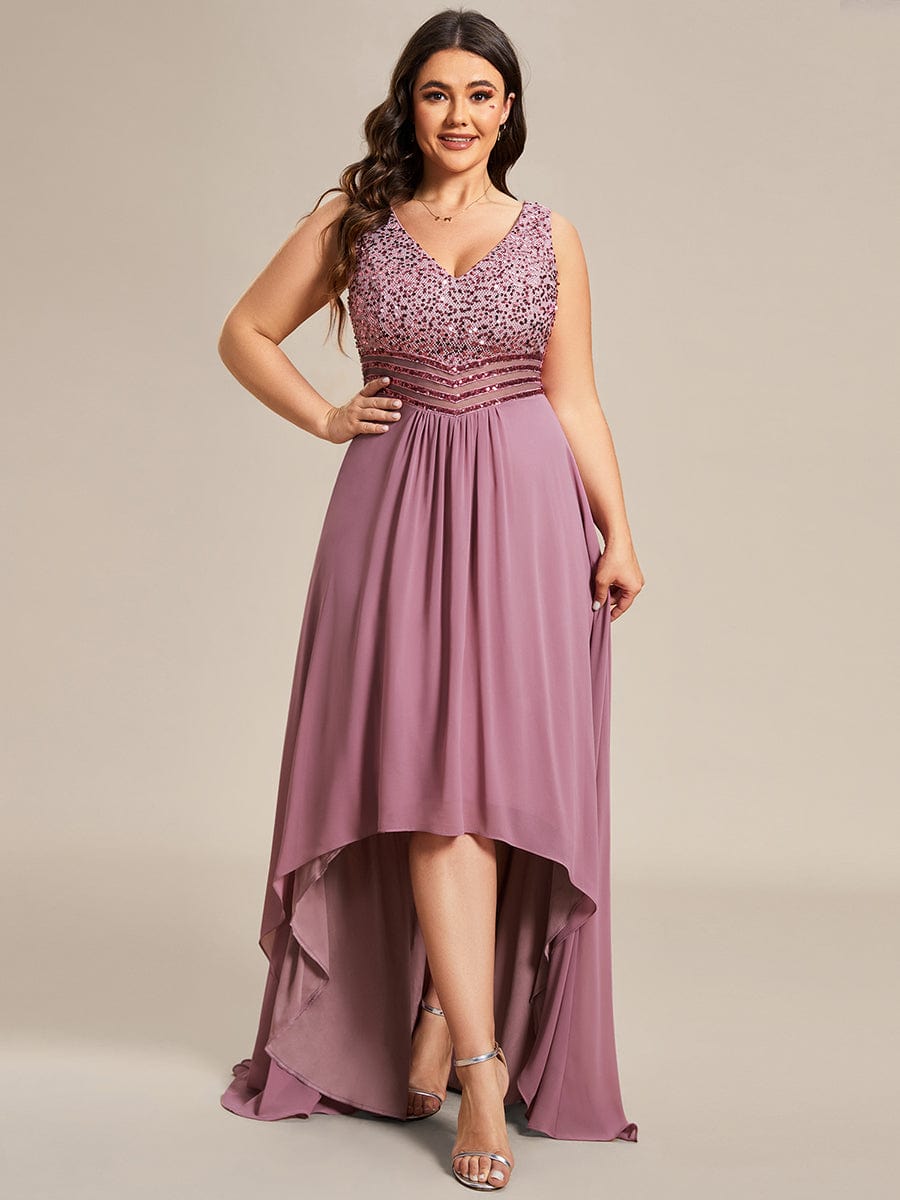 Elegant Paillette & Chiffon V-neck A-line Sleeveless Plus Size Evening Dresses