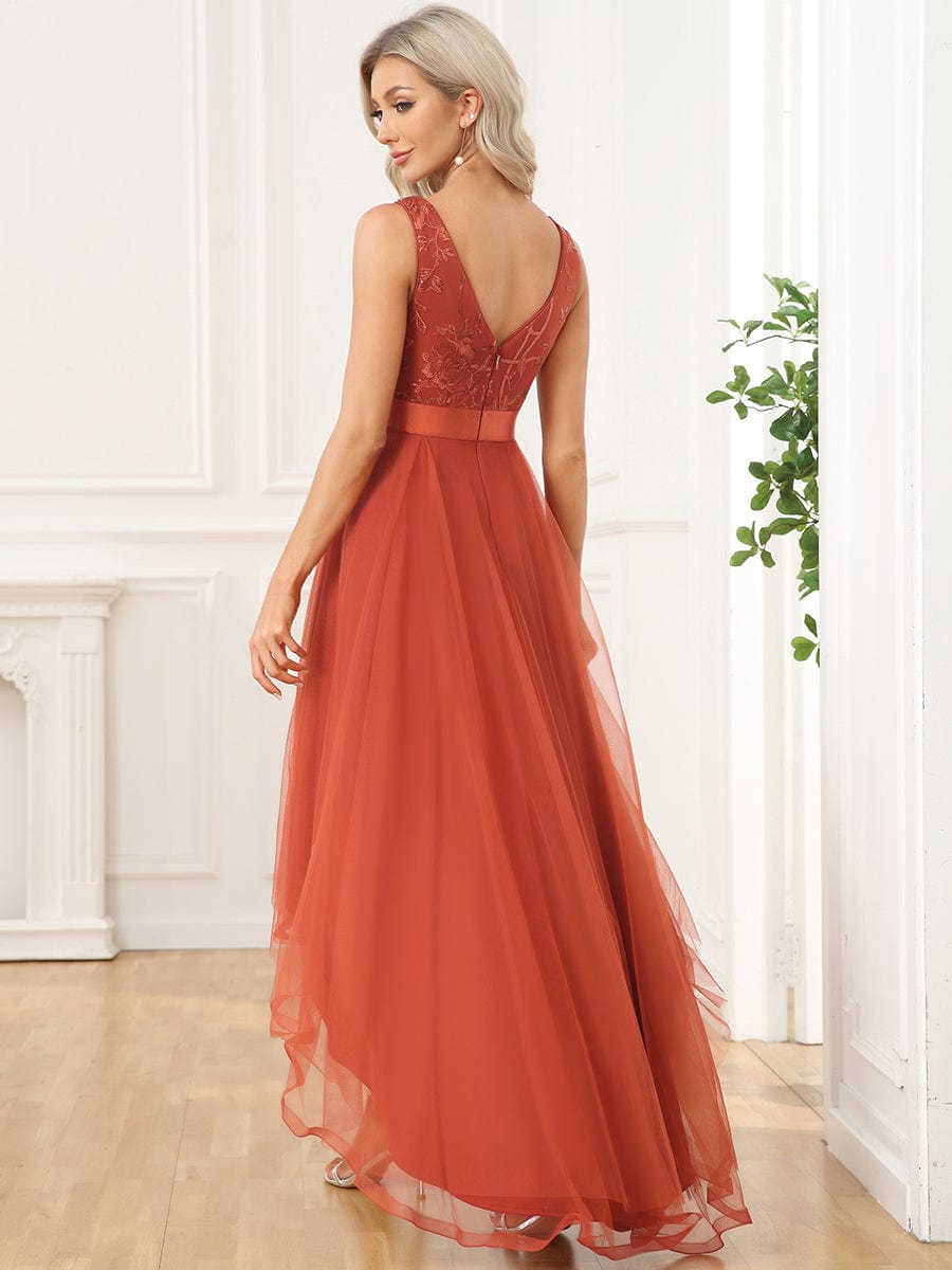 Sleeveless V-back Tulle High-Low Sequin Appliques Evening Dresses