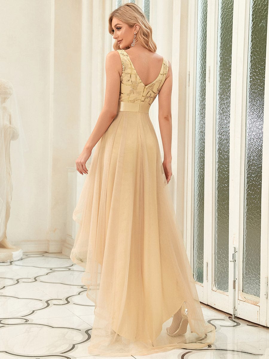 Sleeveless V-back Tulle High-Low Sequin Appliques Evening Dresses