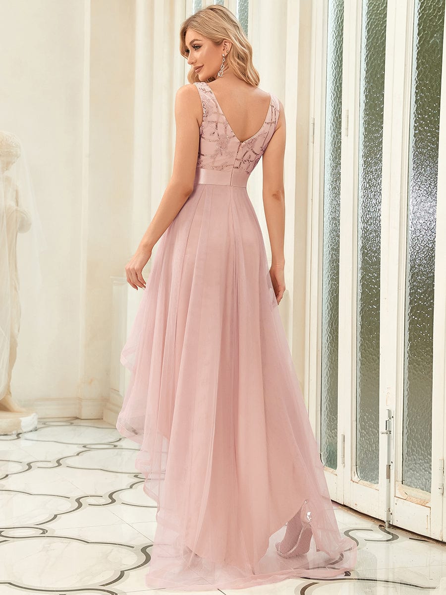 Sleeveless V-back Tulle High-Low Sequin Appliques Evening Dresses