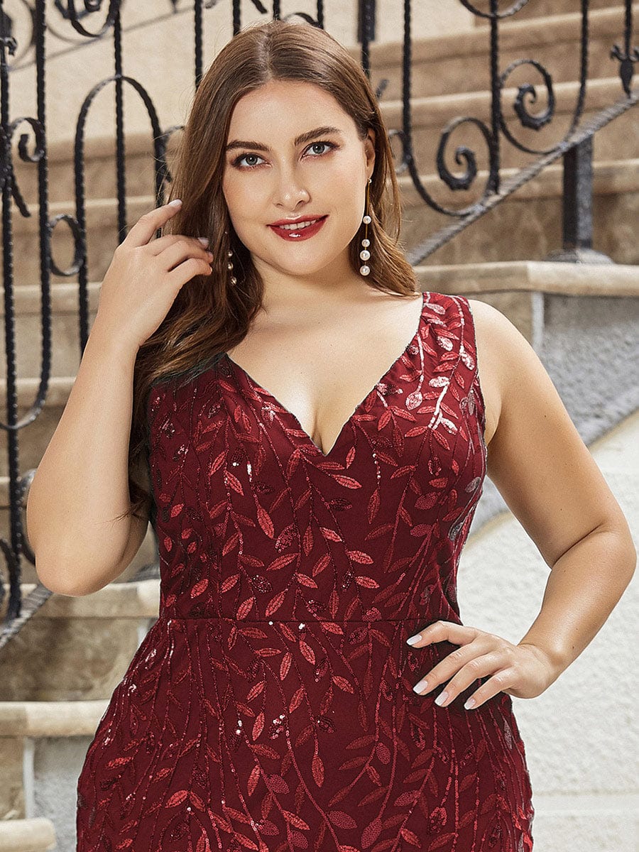 Plus Size Double V-Neck Fishtail Sequin Formal Maxi Evening Dress