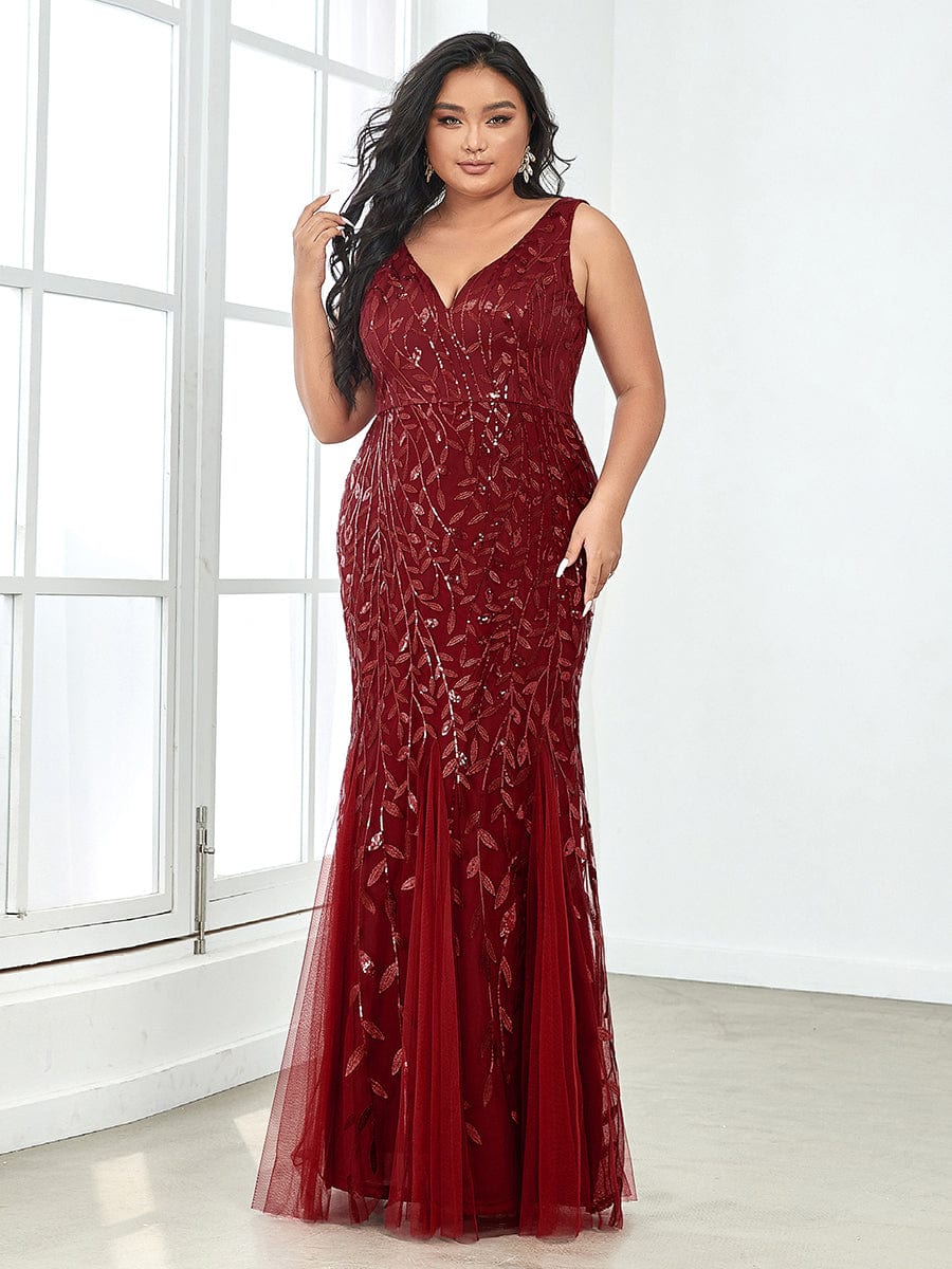 Plus Size Double V-Neck Fishtail Sequin Formal Maxi Evening Dress