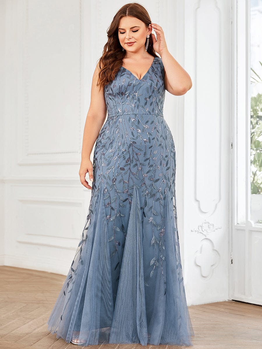 Plus Size Double V-Neck Fishtail Sequin Formal Maxi Evening Dress