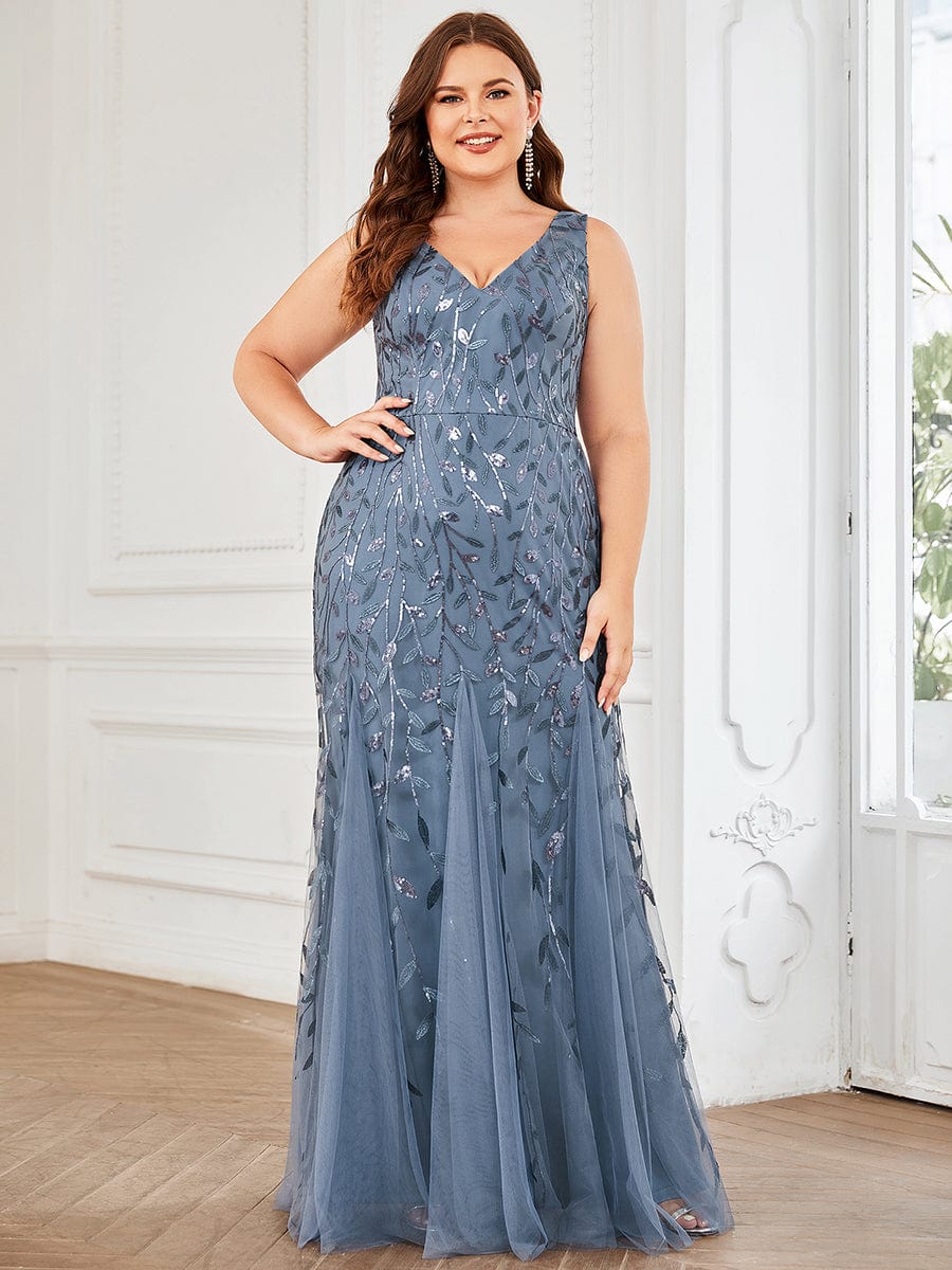 Plus Size Double V-Neck Fishtail Sequin Formal Maxi Evening Dress