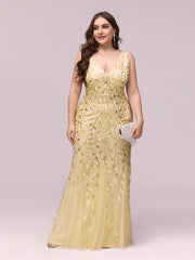 Plus Size Double V-Neck Fishtail Sequin Formal Maxi Evening Dress