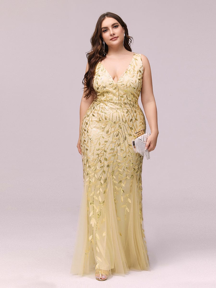 Plus Size Double V-Neck Fishtail Sequin Formal Maxi Evening Dress