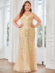 Plus Size Double V-Neck Fishtail Sequin Formal Maxi Evening Dress