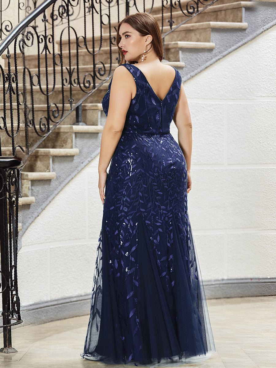 Plus Size Double V-Neck Fishtail Sequin Formal Maxi Evening Dress