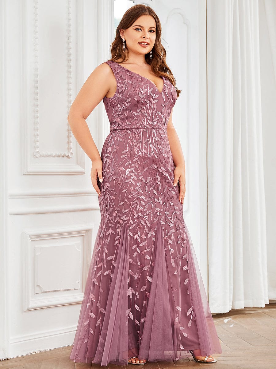 Plus Size Double V-Neck Fishtail Sequin Formal Maxi Evening Dress