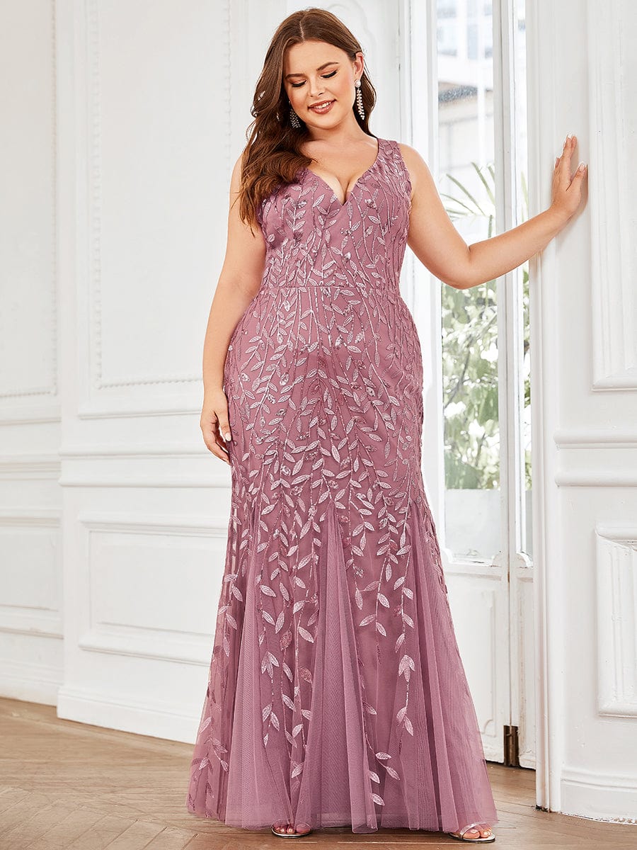 Plus Size Double V-Neck Fishtail Sequin Formal Maxi Evening Dress