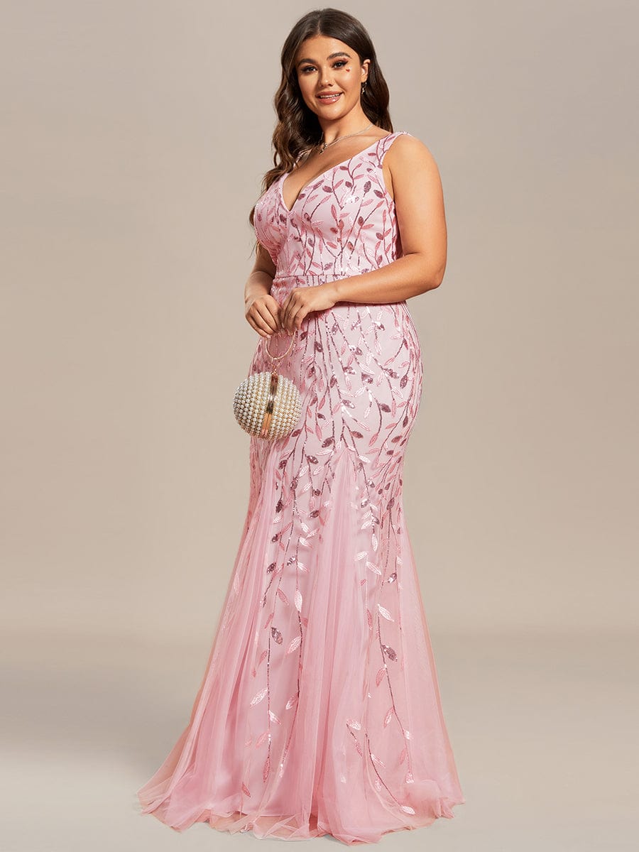 Plus Size Double V-Neck Fishtail Sequin Formal Maxi Evening Dress