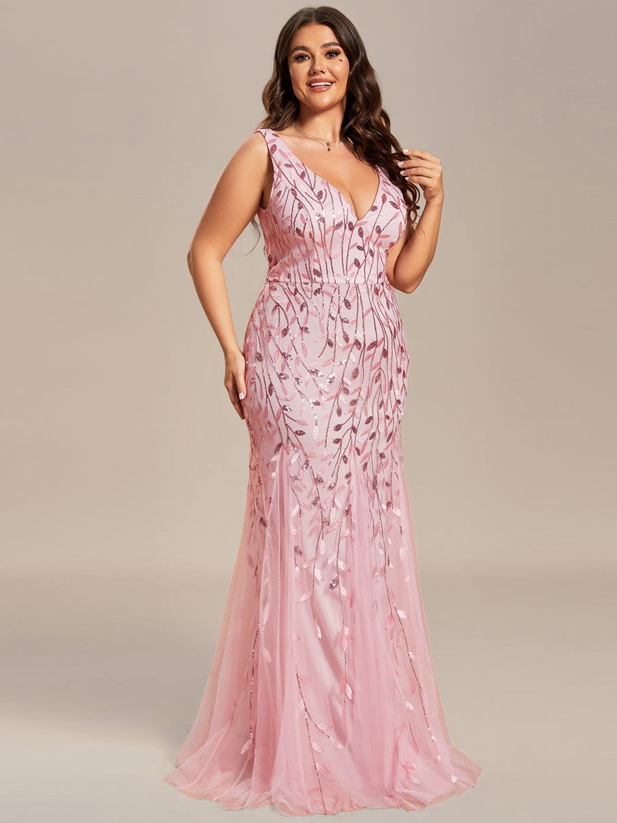 Plus Size Double V-Neck Fishtail Sequin Formal Maxi Evening Dress