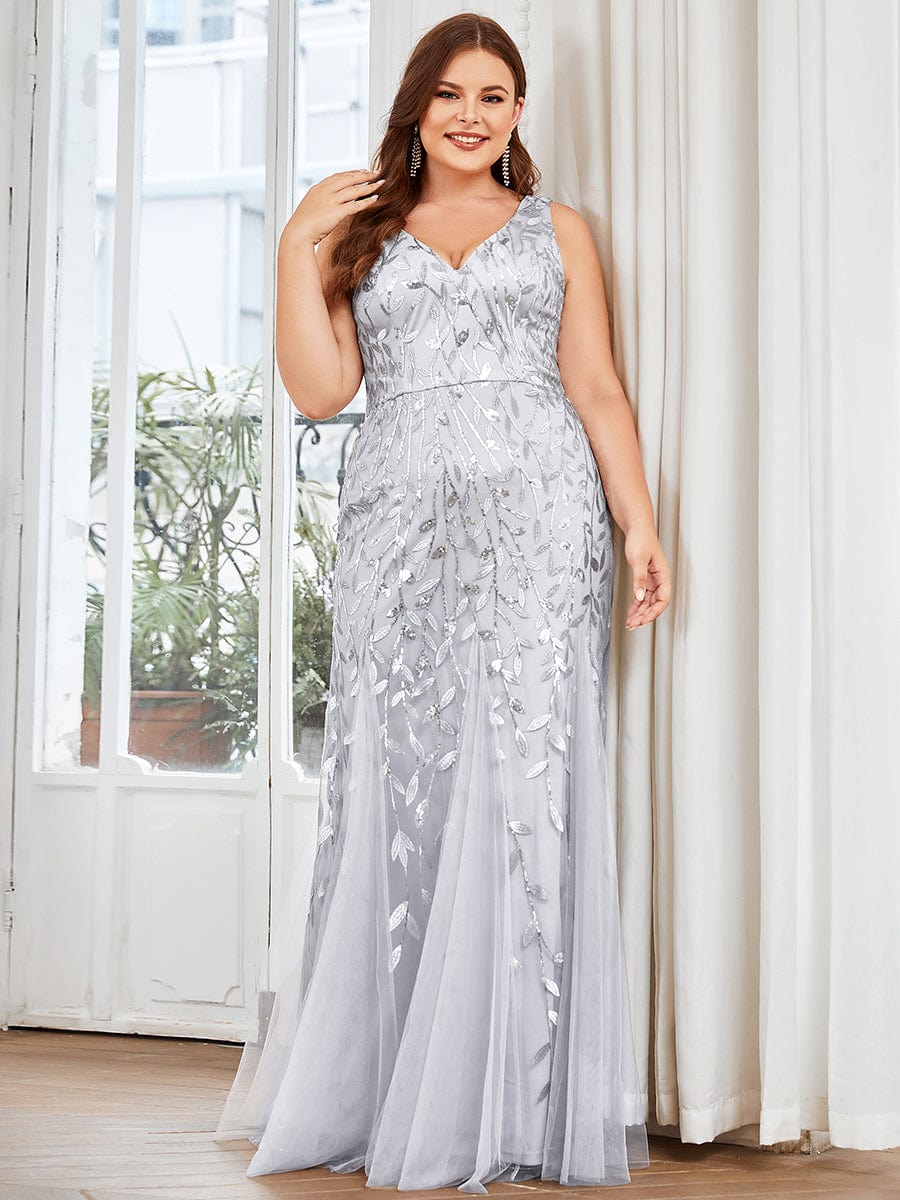 Plus Size Double V-Neck Fishtail Sequin Formal Maxi Evening Dress