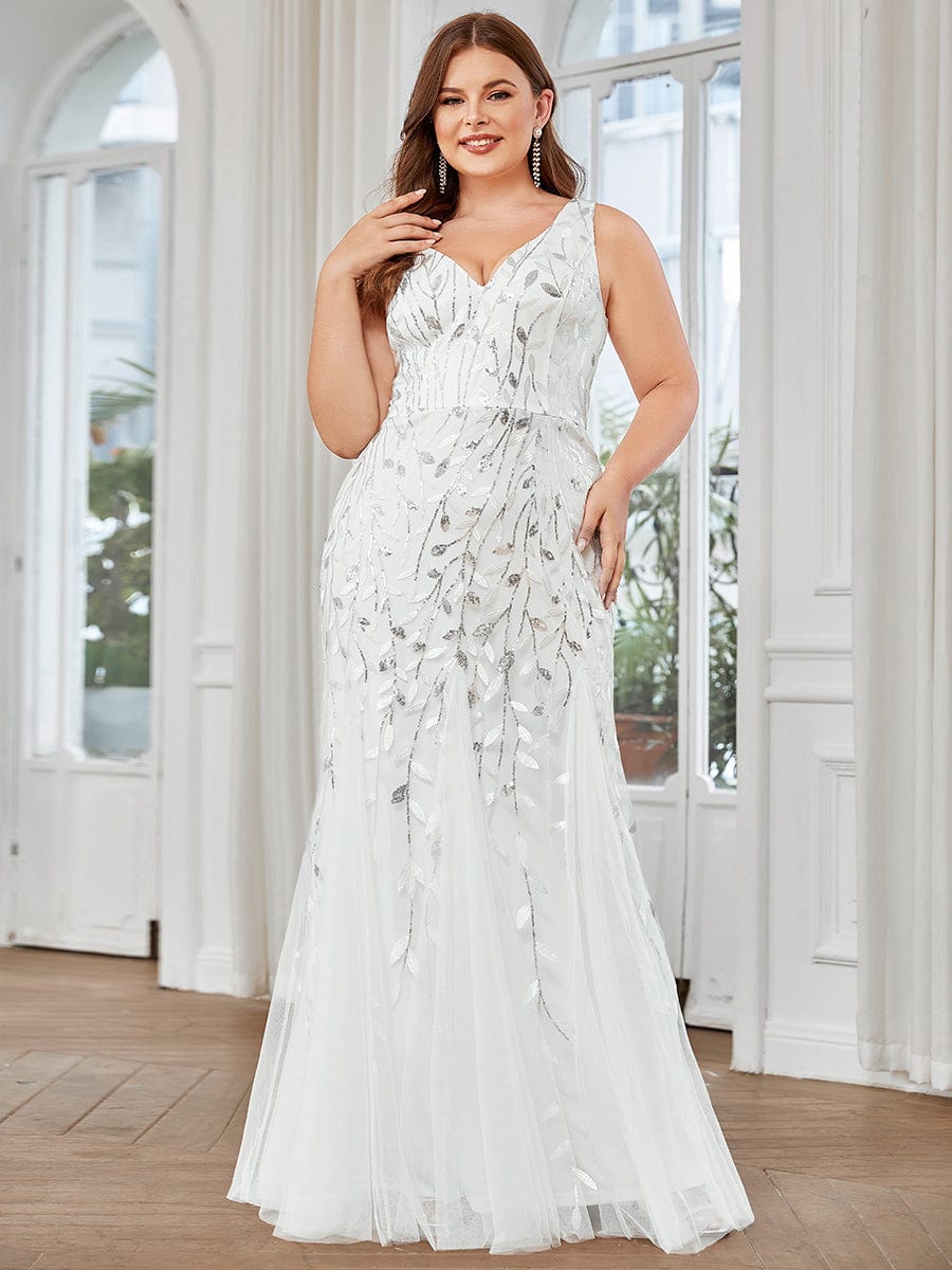 Plus Size Double V-Neck Fishtail Sequin Formal Maxi Evening Dress