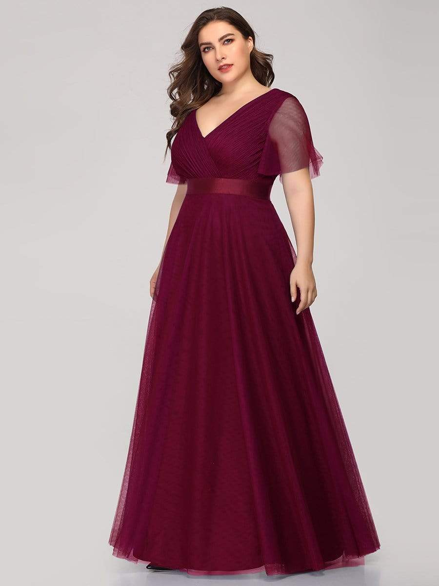 Women's Floor-Length Plus Size Formal Bridesmaid Dress with Short Sleeve