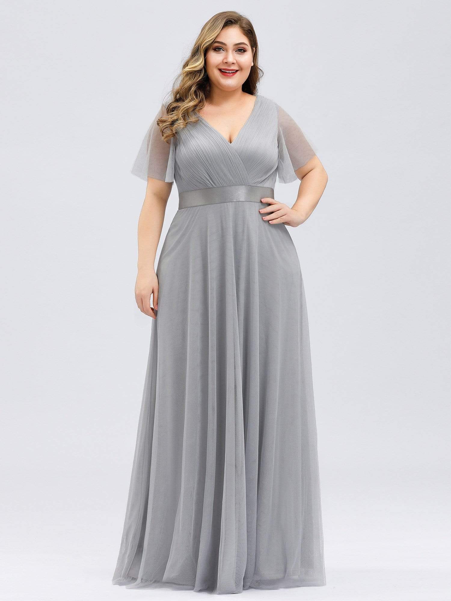 Women's Floor-Length Plus Size Formal Bridesmaid Dress with Short Sleeve