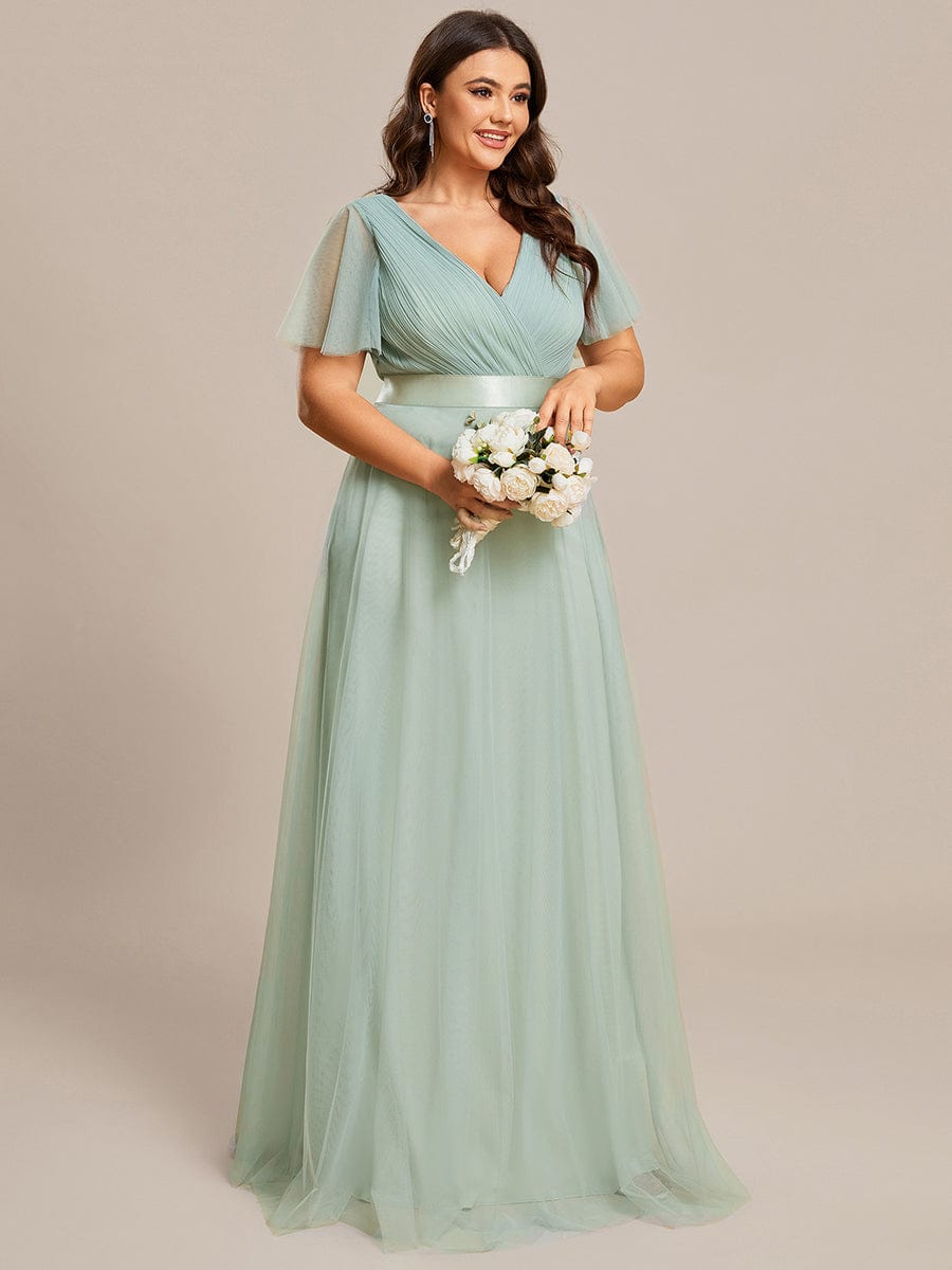 Women's Floor-Length Plus Size Formal Bridesmaid Dress with Short Sleeve