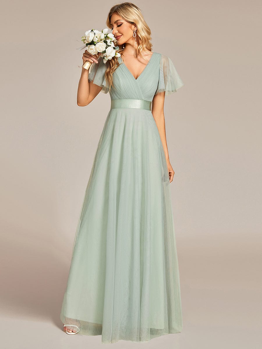 Double V-Neck Floor-Length Short Sleeve Tulle Bridesmaid Dresses