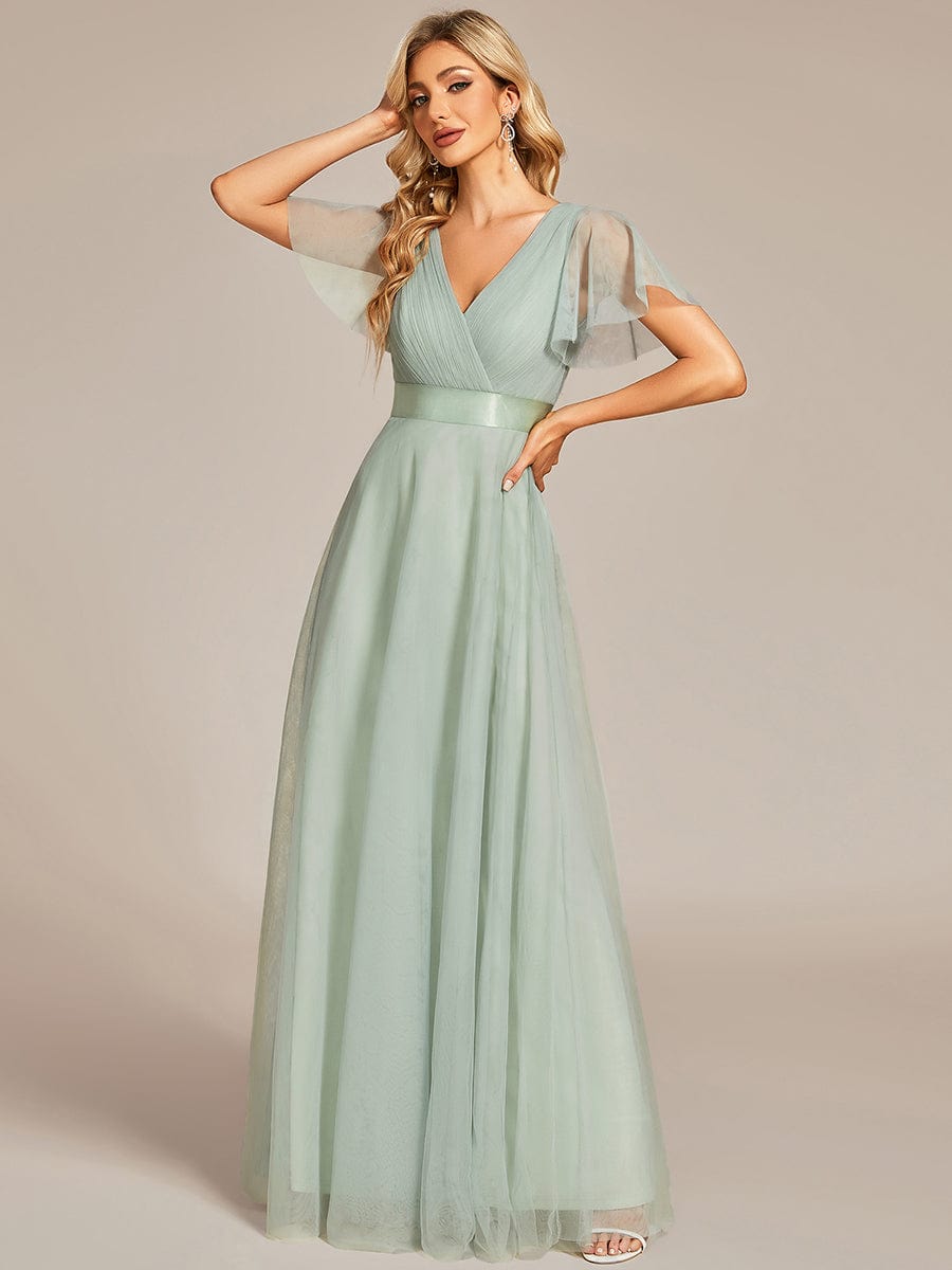 Double V-Neck Floor-Length Short Sleeve Tulle Bridesmaid Dresses