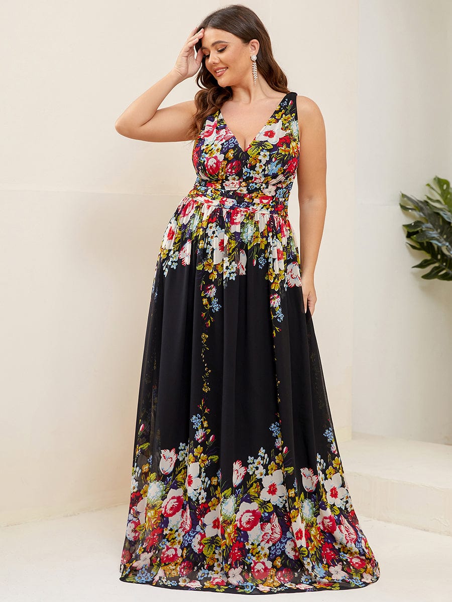 Plus Size Sleeveless V-Neck Chiffon Semi Formal Maxi Dress