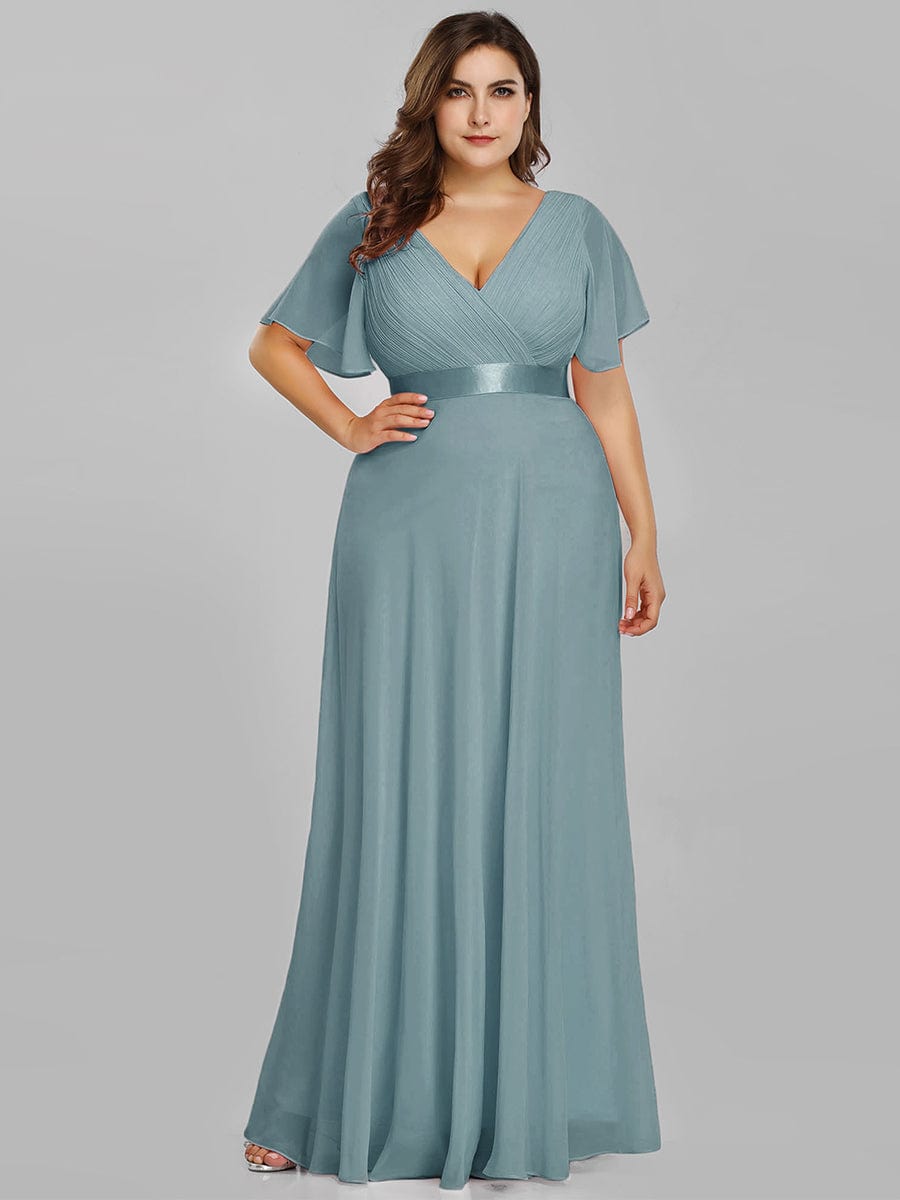 Plus Size Empire Waist V Back Bridesmaid Dress with Short Sleeves