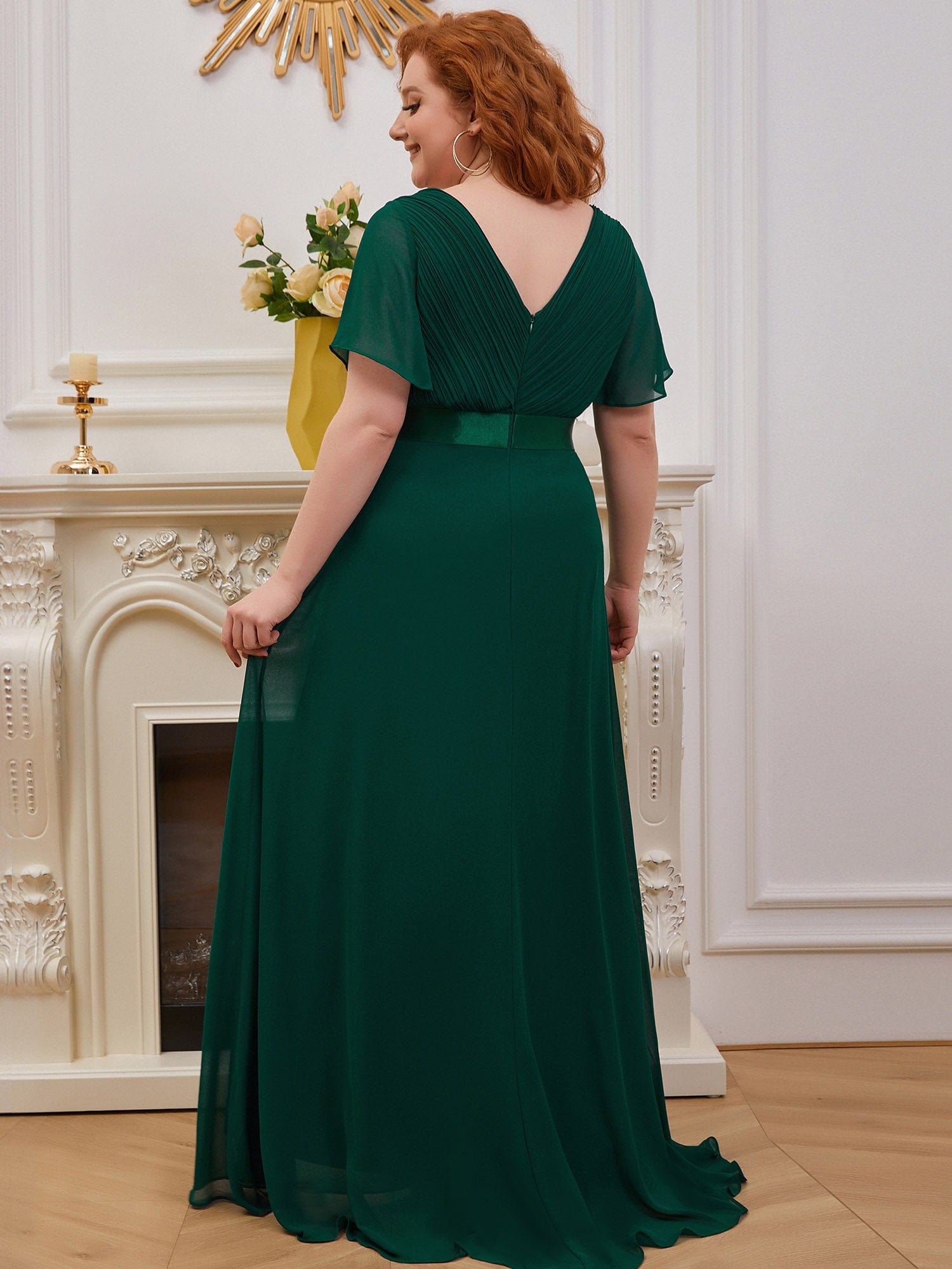 Plus Size Empire Waist V Back Bridesmaid Dress with Short Sleeves