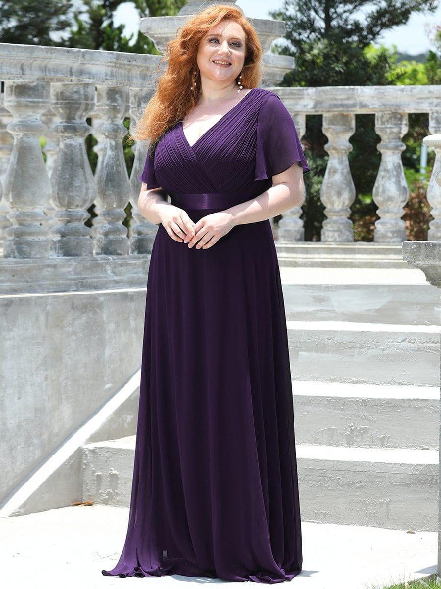 Plus Size Empire Waist V Back Bridesmaid Dress with Short Sleeves