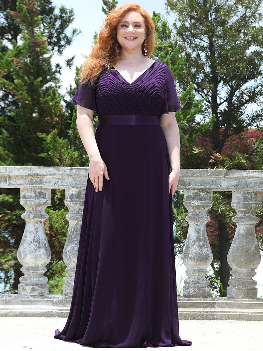 Plus Size Empire Waist V Back Bridesmaid Dress with Short Sleeves