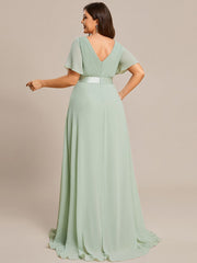 Plus Size Empire Waist V Back Bridesmaid Dress with Short Sleeves