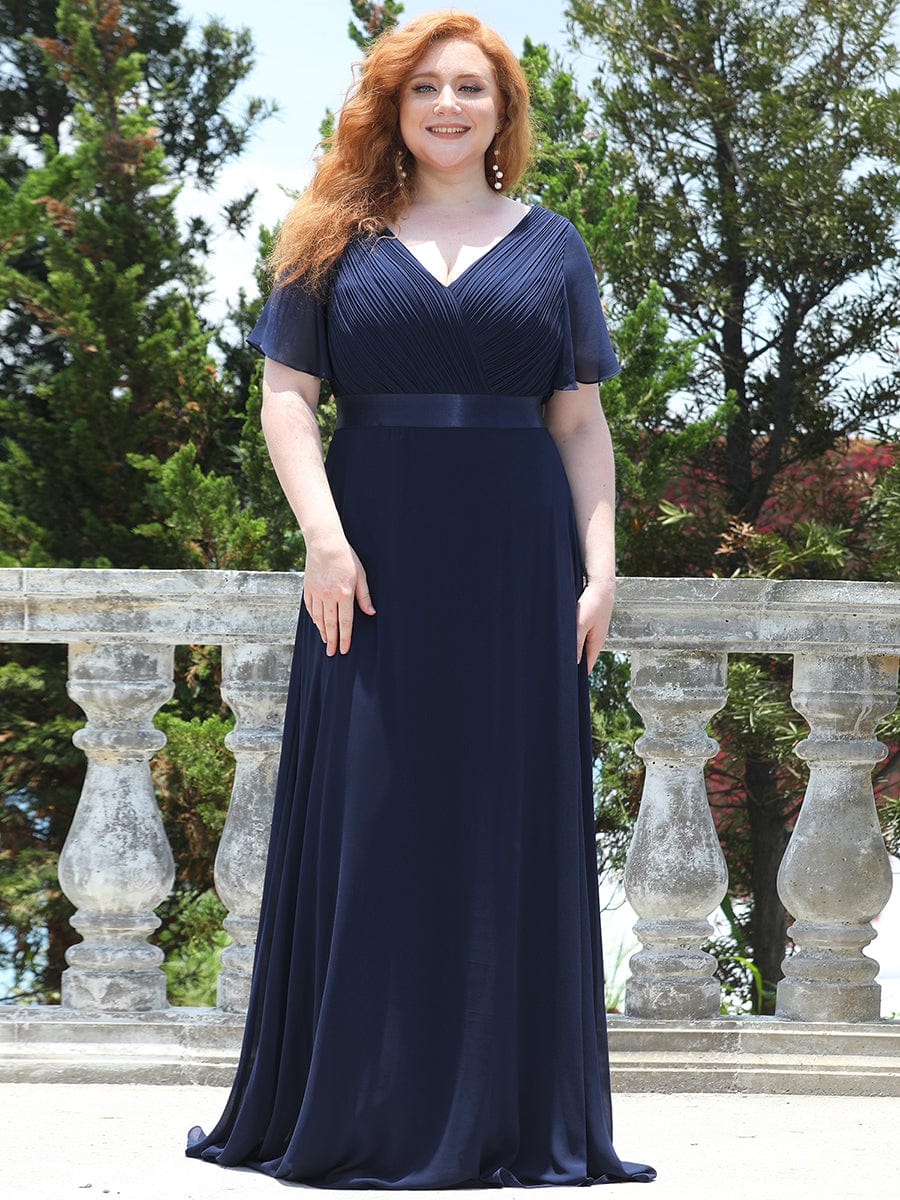 Plus Size Empire Waist V Back Bridesmaid Dress with Short Sleeves