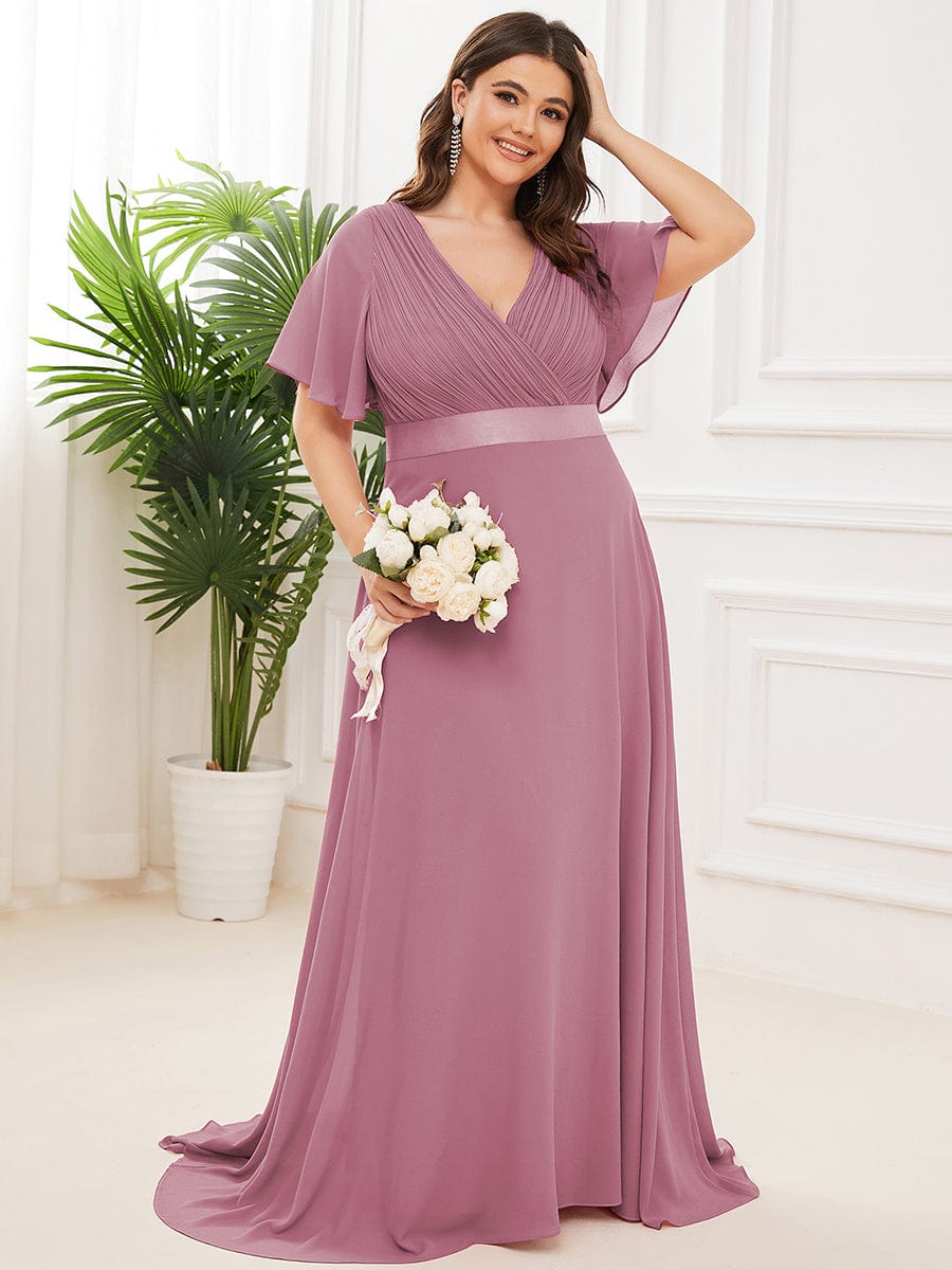 Plus Size Empire Waist V Back Bridesmaid Dress with Short Sleeves