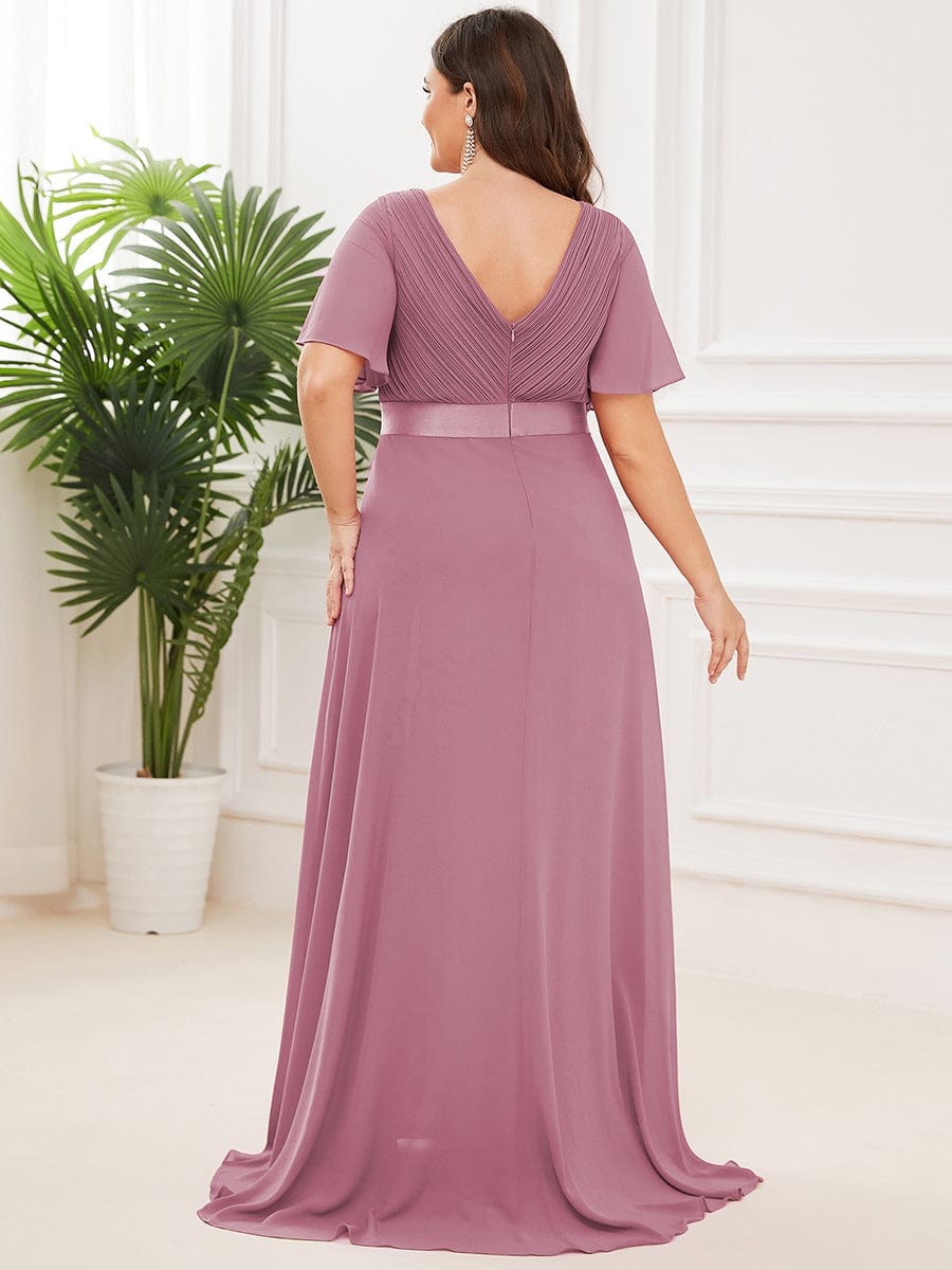 Plus Size Empire Waist V Back Bridesmaid Dress with Short Sleeves