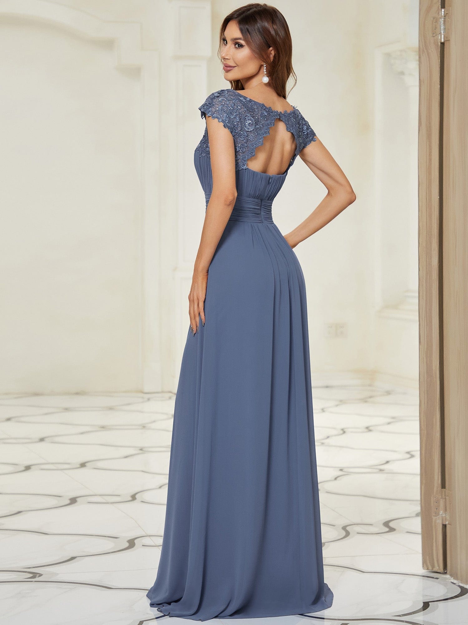 Maxi Lace Cap Sleeve Long Formal Evening Dress