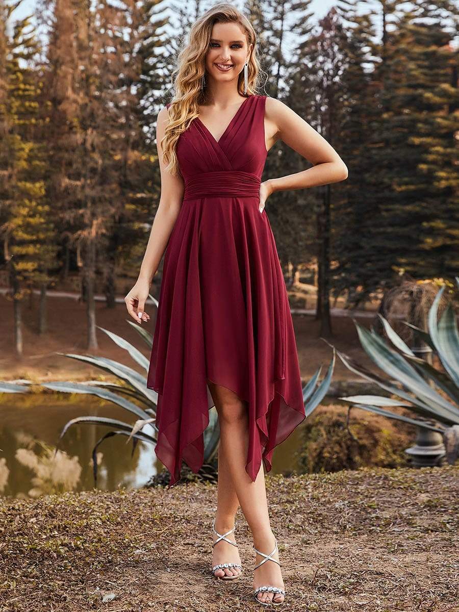 V Neck Ruched Asymmetrical Hems Midi Chiffon Bridesmaid Dress