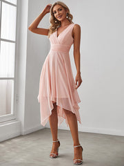 V Neck Ruched Asymmetrical Hems Midi Chiffon Bridesmaid Dress