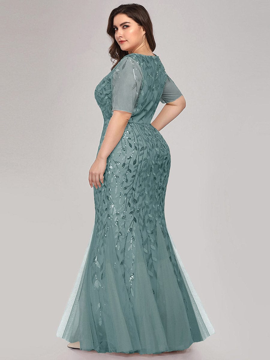 Floral Sequin Print Maxi Long Fishtail Formal Dresses With Half Sleeve