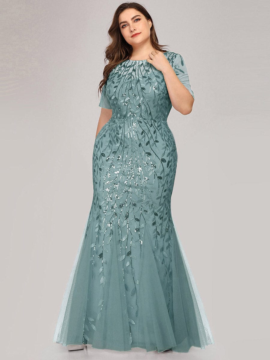 Floral Sequin Print Maxi Long Fishtail Formal Dresses With Half Sleeve