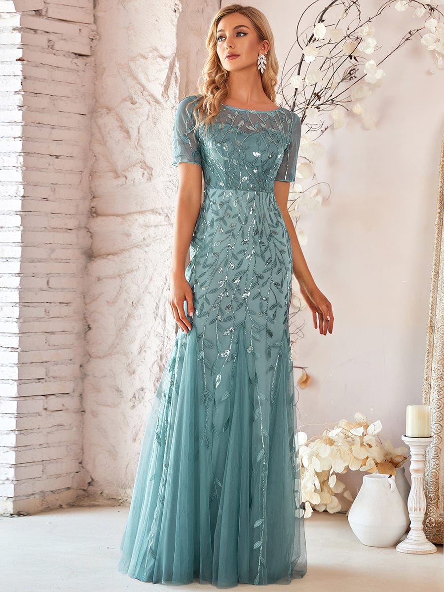 Floral Sequin Print Maxi Long Fishtail Formal Dresses With Half Sleeve