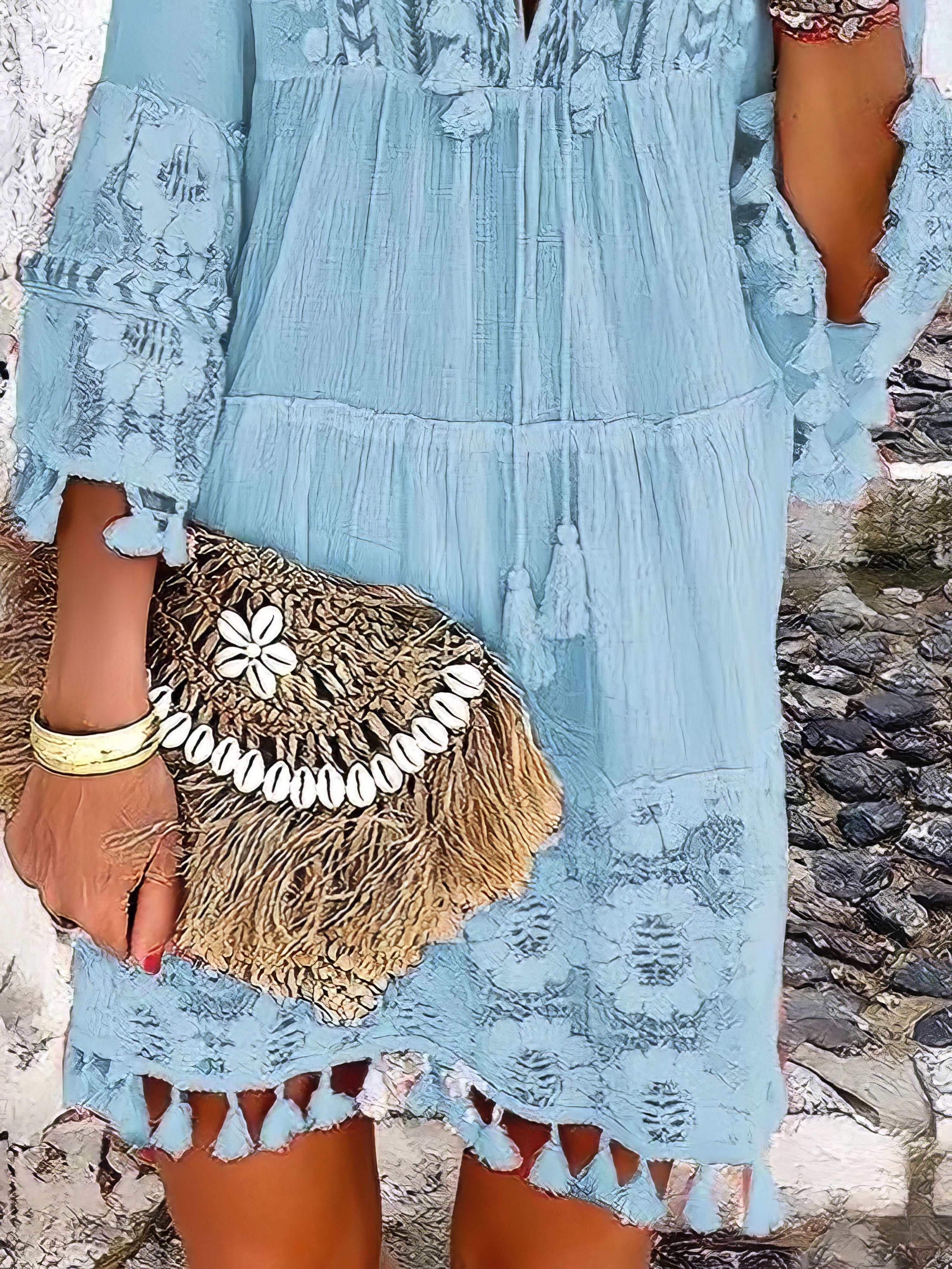 Fashion V-neck Lace Fringed Mini Dress