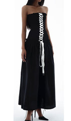 FRONT LACE UP STRAPLESS MAXI DRESS IN BLACK