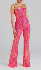 GLITTER FLARED TROUSER JUMPSUIT IN PINK