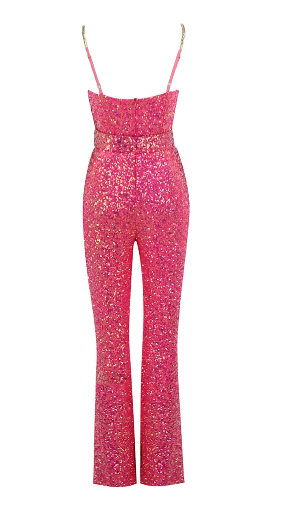 GLITTER FLARED TROUSER JUMPSUIT IN PINK