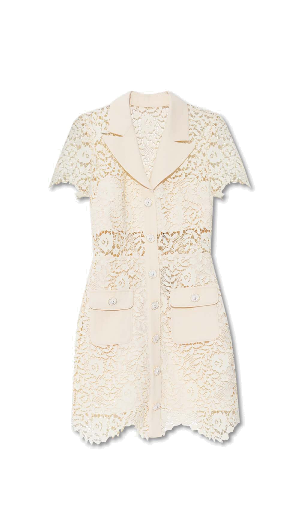 CHAQUETA VESTIDO BLANCO CON BOLSILLOS DE SOLAPA Y ENCAJE DE GUIPUR