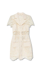 CHAQUETA VESTIDO BLANCO CON BOLSILLOS DE SOLAPA Y ENCAJE DE GUIPUR