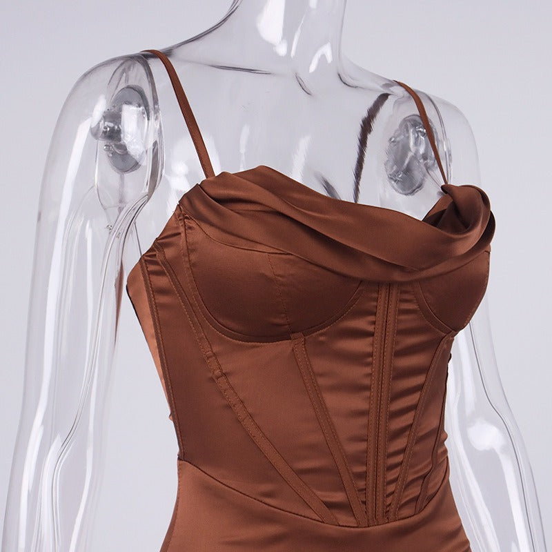 SATIN CORSET SLIP DRESS IN CHOCOLATE