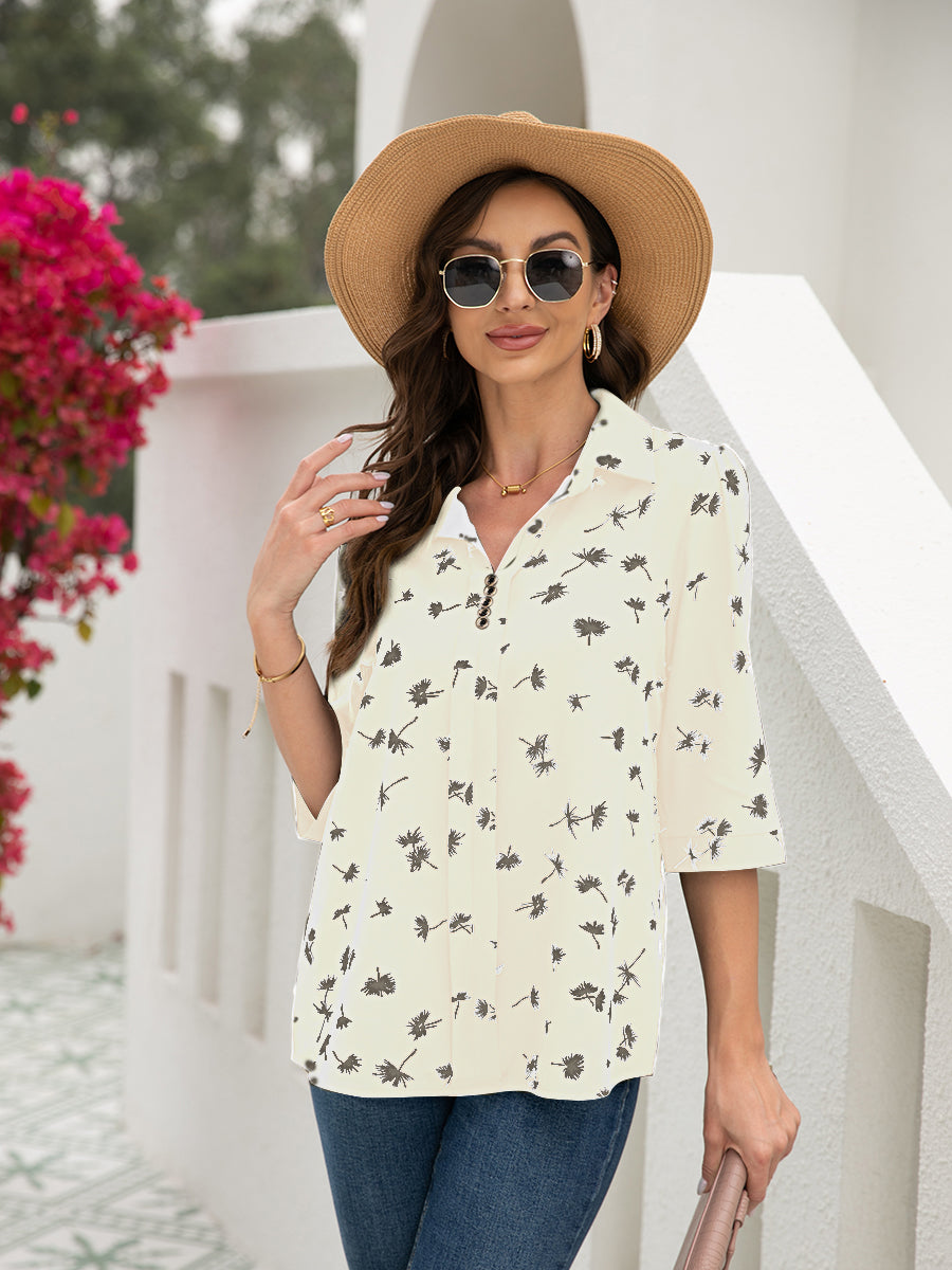 Button Floral Loose Sleeve T-Shirt